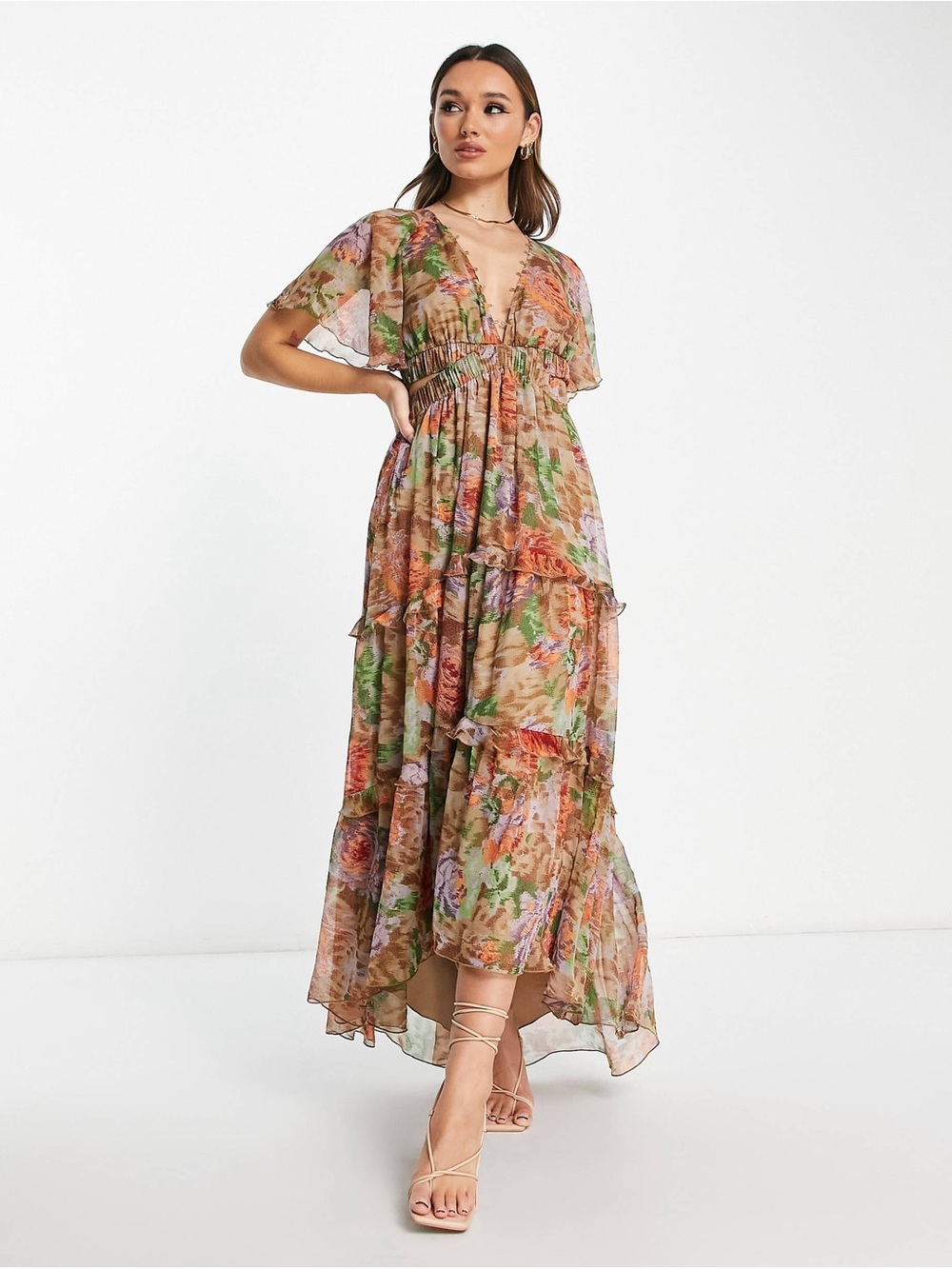ASOS Floral High-Low Maxi Dress plunge tiered cutout flowy feminine whimsical
